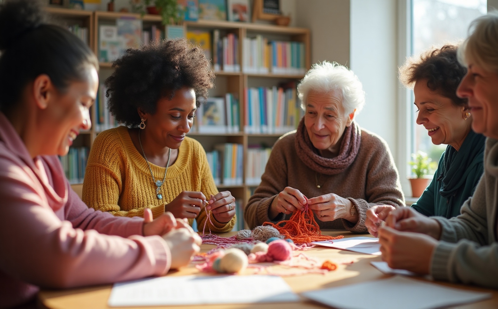 Diverse intergenerational knitting group gathered around a library table with yarn and needles
