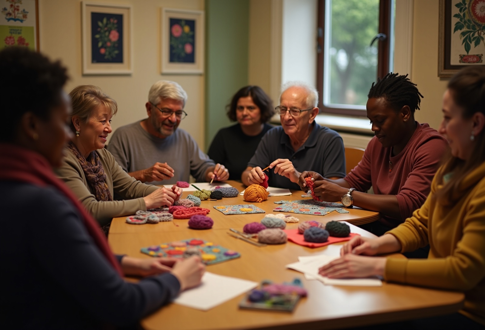 Diverse community craft group knitting and crocheting together around a table