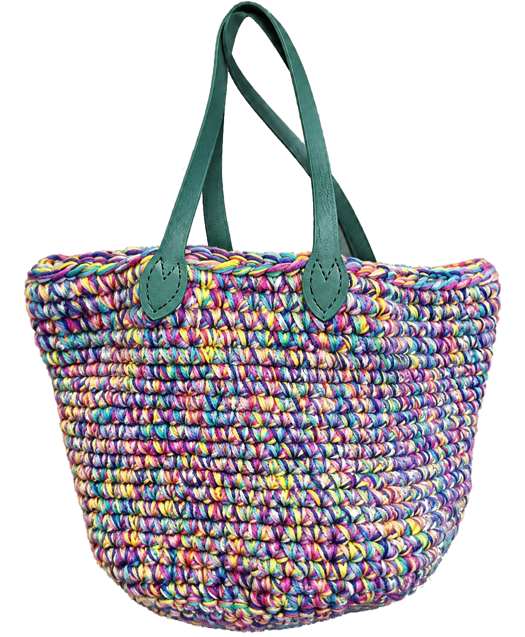Multicoloured crochet basket bag with green handles being held by a Stitch Craft N Knit group member